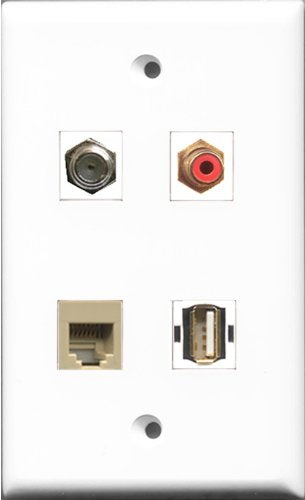 RiteAV 1 Port RCA Red and 1 Port Coax Cable TV- F-Type and 1 Port USB A-A and 1 Port Phone RJ11 RJ12 Beige Wall Plate