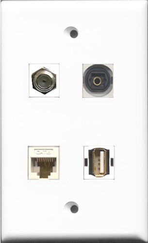 RiteAV 1 Port Coax Cable TV- F-Type and 1 Port USB A-A and 1 Port Toslink and 1 Port Cat6 Ethernet White Wall Plate