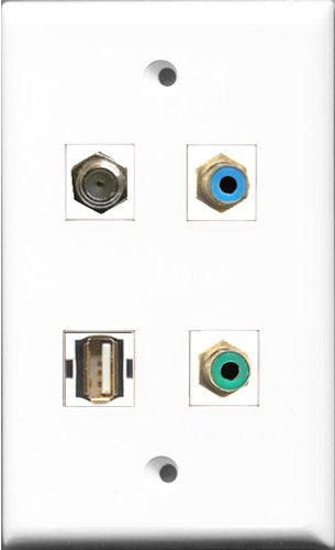 RiteAV 1 Port RCA Green and 1 Port RCA Blue and 1 Port Coax Cable TV- F-Type and 1 Port Shielded Cat6 Ethernet Wall Plate