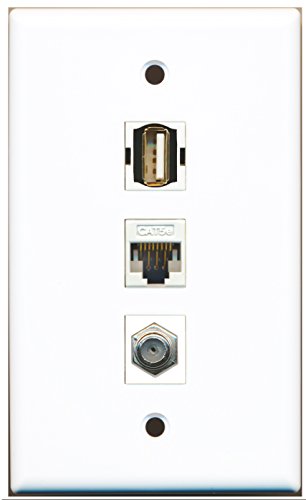 RiteAV - 1 Port Coax Cable TV- F-Type 1 USB A-A 1 Cat5e Ethernet White Wall Plate