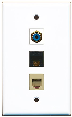 RiteAV - 1 Port RCA Blue and 1 Port Phone RJ11 RJ12 Beige and 1 Port Cat6 Ethernet Black Wall Plate