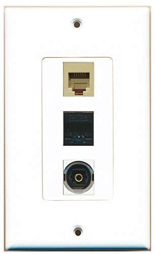 RiteAV - 1 Port Phone RJ11 RJ12 Beige and 1 Port Toslink and 1 Port Cat5e Ethernet Black Wall Plate Decorative