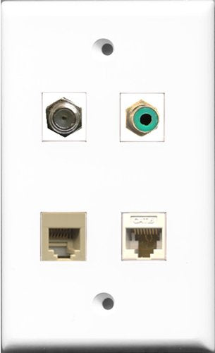 RiteAV 1 Port RCA Green and 1 Port Coax Cable TV- F-Type and 1 Port Phone RJ11 RJ12 Beige and 1 Port Cat6 Ethernet White Wall Plate