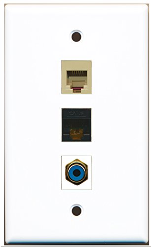 RiteAV - 1 Port RCA Blue and 1 Port Phone RJ11 RJ12 Beige and 1 Port Cat6 Ethernet Black Wall Plate