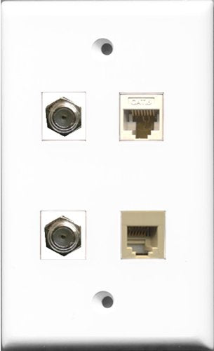 RiteAV - 2 Port Coax Cable TV- F-Type and 1 Port Phone RJ11 RJ12 Beige and 1 Port Cat6 Ethernet White Wall Plate