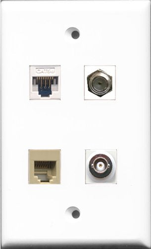 RiteAV - 1 Port Coax Cable TV- F-Type and 1 Port Phone RJ11 RJ12 Beige and 1 Port BNC and 1 Port Cat5e Ethernet White Wall Plate