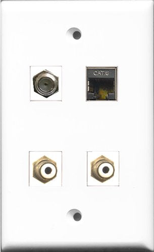 RiteAV - 2 Port RCA White and 1 Port Coax Cable TV- F-Type and 1 Port Shielded Cat6 Ethernet Wall Plate