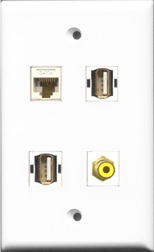 RiteAV 1 Port RCA Yellow 2 Port USB A-A and 1 Port Cat6 Ethernet White Wall Plate
