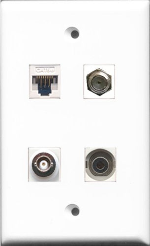 RiteAV - 1 Port Coax Cable TV- F-Type and 1 Port 3.5mm and 1 Port BNC and 1 Port Cat5e Ethernet White Wall Plate