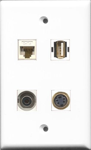 RiteAV 1 Port USB A-A and 1 Port S-Video and 1 Port 3.5mm and 1 Port Cat6 Ethernet White Wall Plate
