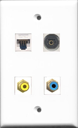RiteAV 1 Port RCA Yellow and 1 Port RCA Blue and 1 Port Toslink and 1 Port Cat5e Ethernet White Wall Plate