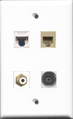 RiteAV 1 Port RCA White and 1 Port Phone RJ11 RJ12 Beige and 1 Port Toslink and 1 Port Cat5e Ethernet White Wall Plate