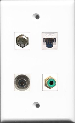 RiteAV 1 Port RCA Green and 1 Port Coax Cable TV- F-Type and 1 Port 3.5mm and 1 Port Cat5e Ethernet White Wall Plate