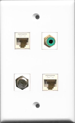 RiteAV 1 Port RCA Green and 1 Port Coax Cable TV- F-Type 2 Port Cat6 Ethernet White Wall Plate