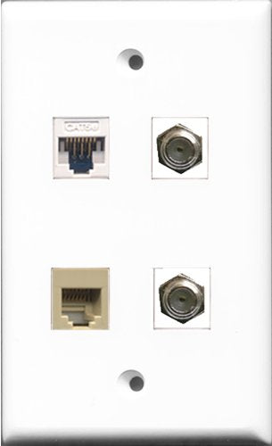 RiteAV - 2 Port Coax Cable TV- F-Type and 1 Port Phone RJ11 RJ12 Beige and 1 Port Cat5e Ethernet White Wall Plate