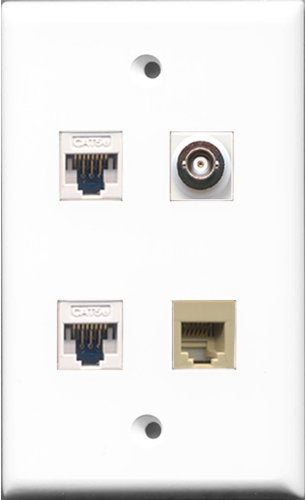 RiteAV - 1 Port Phone RJ11 RJ12 Beige and 1 Port BNC 2 Port Cat5e Ethernet White Wall Plate