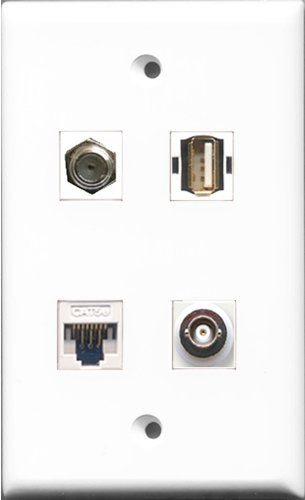 RiteAV 1 Port Coax Cable TV- F-Type and 1 Port USB A-A and 1 Port BNC and 1 Port Cat5e Ethernet White Wall Plate