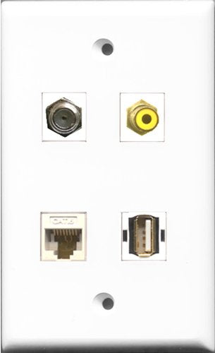 RiteAV 1 Port RCA Yellow and 1 Port Coax Cable TV- F-Type and 1 Port USB A-A and 1 Port Cat6 Ethernet White Wall Plate