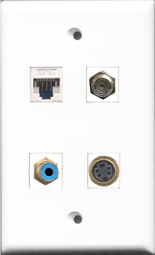 RiteAV - 1 Port RCA Blue and 1 Port Coax Cable TV- F-Type and 1 Port S-Video and 1 Port Cat5e Ethernet White Wall Plate