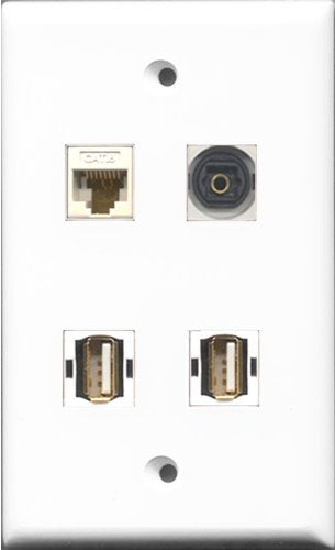 RiteAV - 2 Port USB A-A and 1 Port Toslink and 1 Port Cat6 Ethernet White Wall Plate