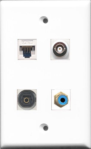 RiteAV - 1 Port RCA Blue and 1 Port Toslink and 1 Port BNC and 1 Port Cat5e Ethernet White Wall Plate