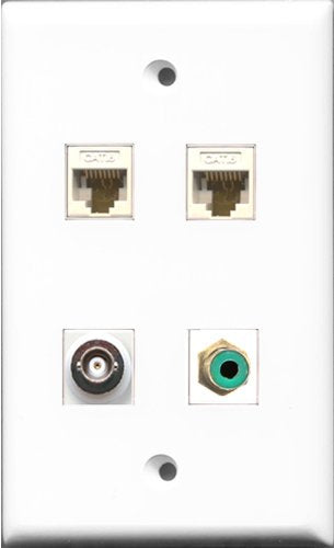 RiteAV 1 Port RCA Green and 1 Port BNC 2 Port Cat6 Ethernet White Wall Plate