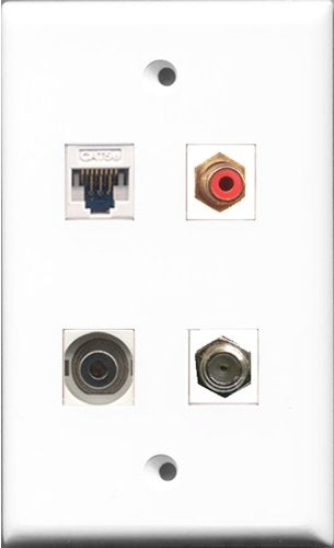 RiteAV 1 Port RCA Red and 1 Port Coax Cable TV- F-Type and 1 Port 3.5mm and 1 Port Cat5e Ethernet White Wall Plate