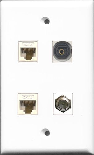 RiteAV 1 Port Coax Cable TV- F-Type and 1 Port Toslink 2 Port Cat6 Ethernet White Wall Plate