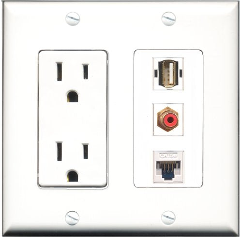 RiteAV - 15 Amp Power Outlet 1 Port RCA Red 1 Port USB A-A 1 Port Cat5e Ethernet White Decorative Wall Plate