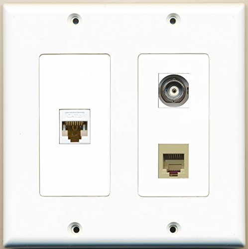 RiteAV - 1 Port Phone RJ11 RJ12 Beige 1 Port BNC 1 Port Cat6 Ethernet White - 2 Gang Wall Plate