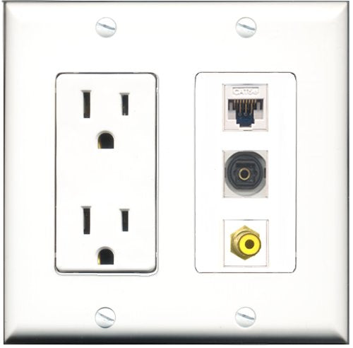 RiteAV - 15 Amp Power Outlet 1 Port RCA Yellow 1 Port Toslink 1 Port Cat5e Ethernet White Decorative Wall Plate