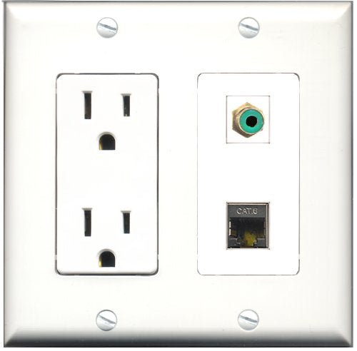 RiteAV - 15 Amp Power Outlet and 1 Port RCA Green and 1 Port Shielded Cat6 Ethernet Decorative Type Wall Plate White