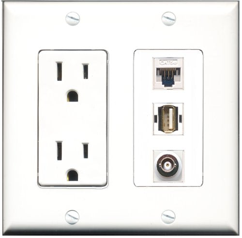 RiteAV - 15 Amp Power Outlet 1 Port USB A-A 1 Port BNC 1 Port Cat5e Ethernet White Decorative Wall Plate