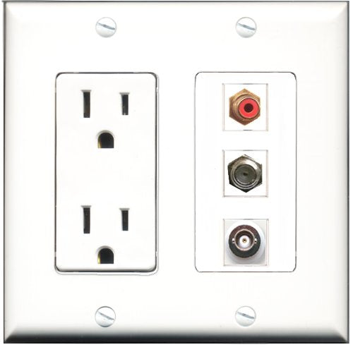 RiteAV - 15 Amp Power Outlet 1 Port RCA Red 1 Port Coax 1 Port BNC Decorative Wall Plate
