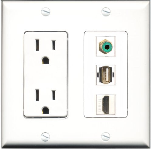 RiteAV - 15 Amp Power Outlet 1 Port HDMI 1 Port RCA Green 1 Port USB A-A Decorative Wall Plate