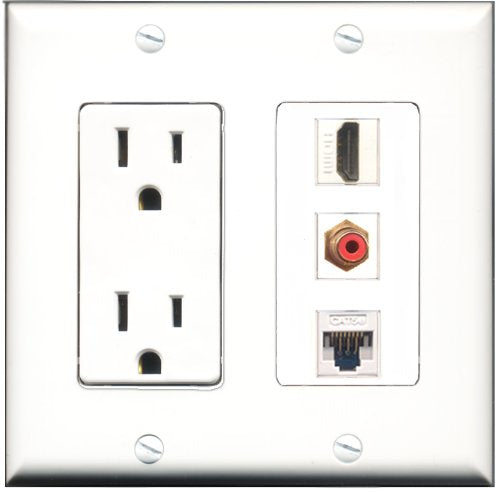 RiteAV - 15 Amp Power Outlet 1 Port HDMI 1 Port RCA Red 1 Port Cat5e Ethernet White Decorative Wall Plate