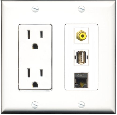 RiteAV - 15 Amp Power Outlet 1 Port RCA Yellow 1 Port USB A-A 1 Port Shielded Cat6 Ethernet Ethernet Decorative Wall Plate