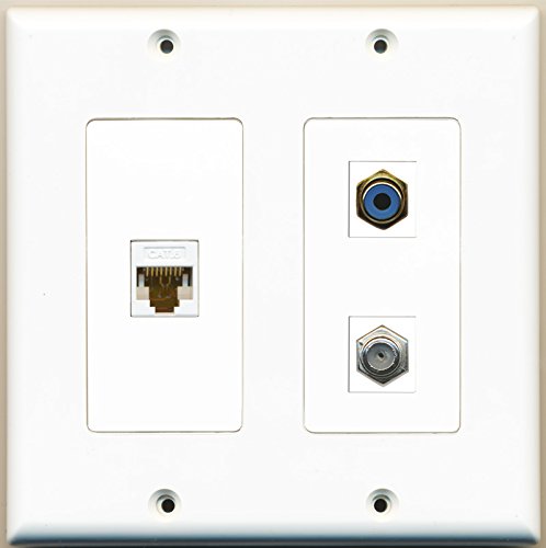 RiteAV - 1 Port RCA Blue 1 Port Coax Cable TV- F-Type 1 Port Cat6 Ethernet White - 2 Gang Wall Plate
