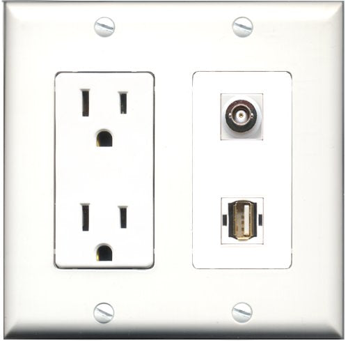 RiteAV - 15 Amp Power Outlet and 1 Port USB A-A and 1 Port BNC Decorative Type Wall Plate White
