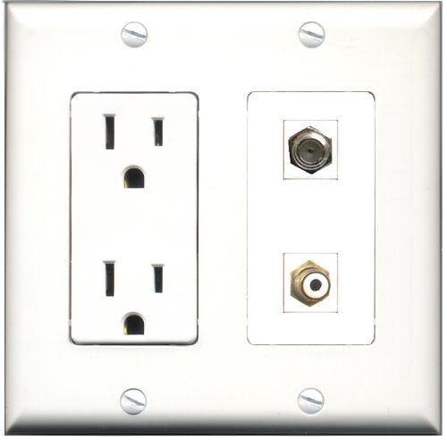 RiteAV - 15 Amp Power Outlet and 1 Port RCA White and 1 Port Coax Cable TV- F-Type Decorative Type Wall Plate White