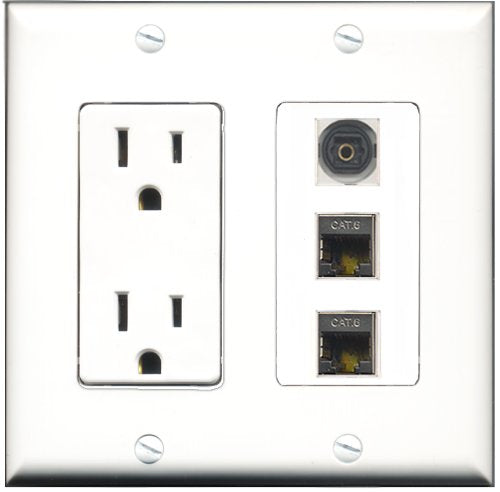 RiteAV - 15 Amp Power Outlet 2 Port Shielded Cat6 Ethernet Ethernet 1 Port Toslink Decorative Wall Plate
