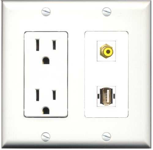 RiteAV - 15 Amp Power Outlet and 1 Port RCA Yellow and 1 Port USB A-A Decorative Type Wall Plate White
