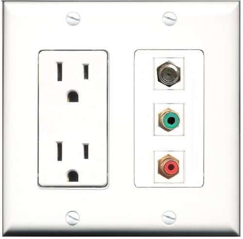 RiteAV - 15 Amp Power Outlet 1 Port RCA Red 1 Port RCA Green 1 Port Coax Decorative Wall Plate