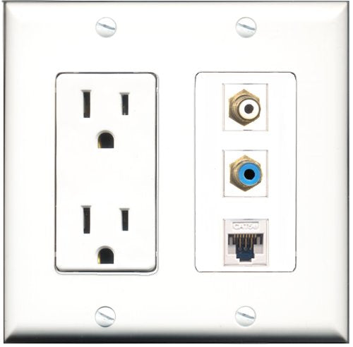 RiteAV - 15 Amp Power Outlet 1 Port RCA White 1 Port RCA Blue 1 Port Cat5e Ethernet White Decorative Wall Plate