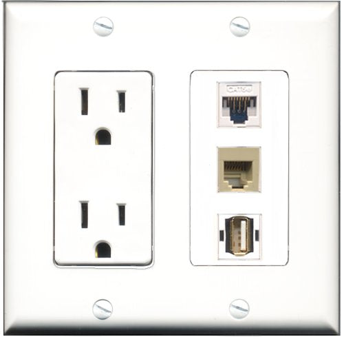 RiteAV - 15 Amp Power Outlet 1 Port USB A-A 1 Port Phone Beige 1 Port Cat5e Ethernet White Decorative Wall Plate