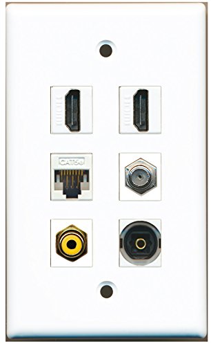 RiteAV - 2 HDMI 1 Port RCA Yellow 1 Port Coax Cable TV- F-Type 1 Port Toslink 1 Port Cat5e Ethernet White Wall Plate