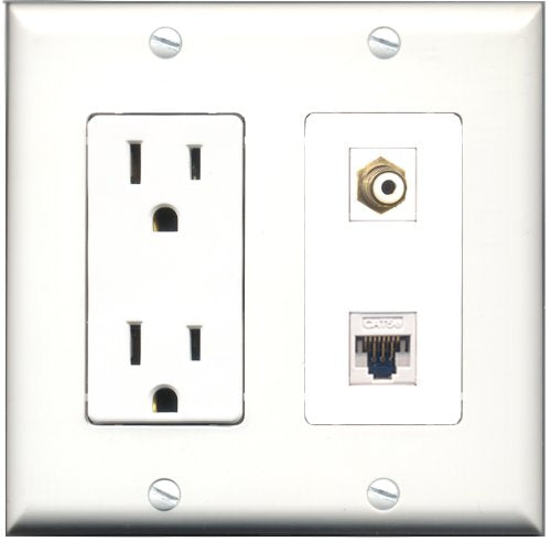 RiteAV - 15 Amp Power Outlet and 1 Port RCA White and 1 Port Cat5e Ethernet White Decorative Type Wall Plate White