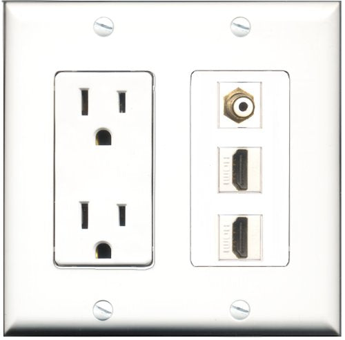 RiteAV - 15 Amp Power Outlet 2 Port HDMI 1 Port RCA White Decorative Wall Plate