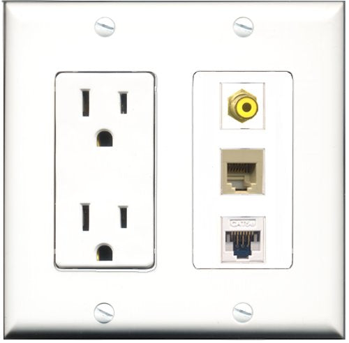 RiteAV - 15 Amp Power Outlet 1 Port RCA Yellow 1 Port Phone Beige 1 Port Cat5e Ethernet White Decorative Wall Plate
