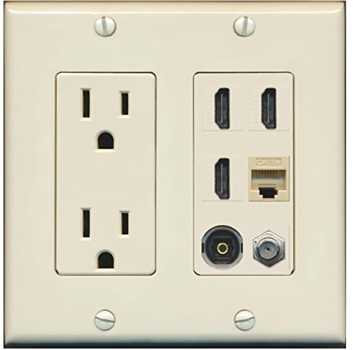 RiteAV Power Outlet 3 HDMI Coax Cat5e Toslink Wall Plate - Light Almond